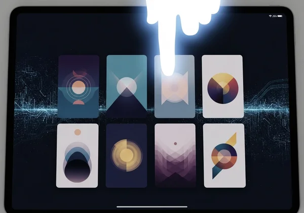 A hand interacting with a digital tarot card selection tool