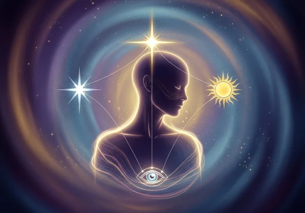 An ethereal figure connected to subtle energy and tarot symbols