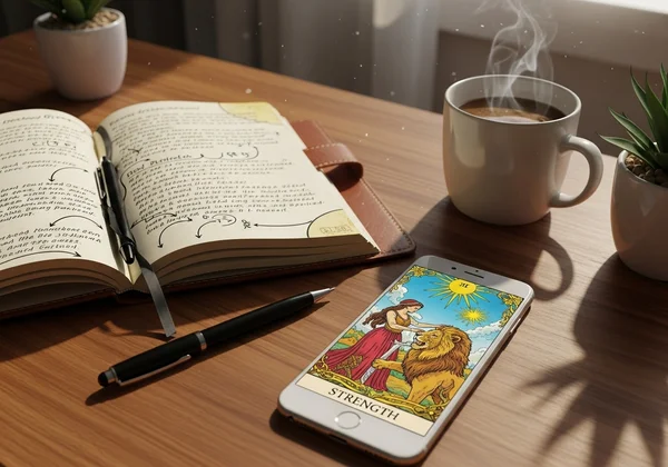 A journal and phone integrating daily tarot card insights
