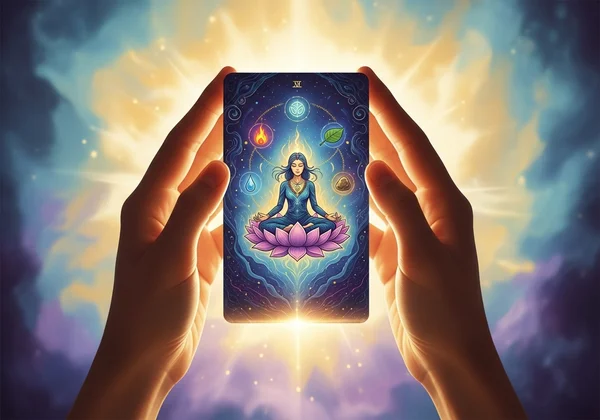 Hands holding a tarot card, symbolizing guidance