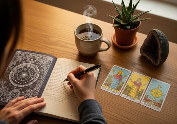 Person writing in a tarot journal, with cards nearby