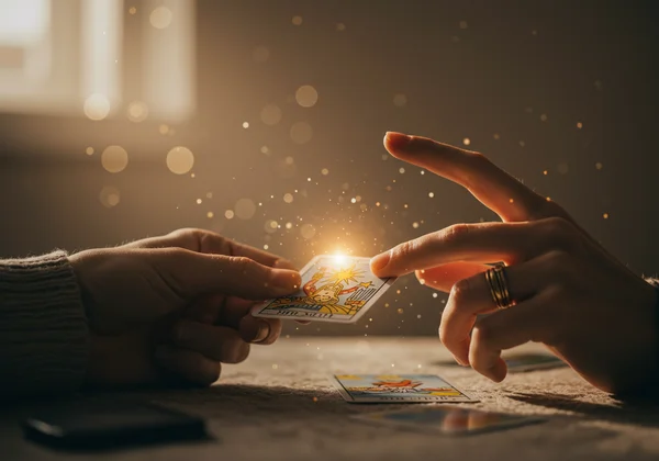 A person intuitively connecting with tarot cards