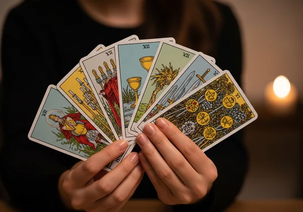 Hands holding minor arcana tarot cards