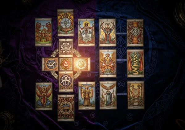 A complex ten-card Celtic Cross tarot spread on a cloth