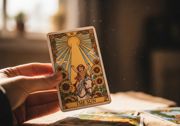 A single tarot card being drawn or held for daily insight