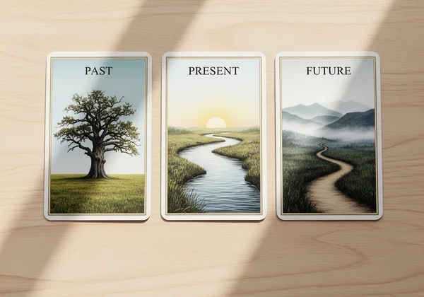 Three tarot cards arranged in a linear past present future spread