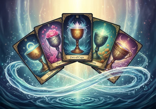 Suit of Cups tarot cards with flowing water imagery