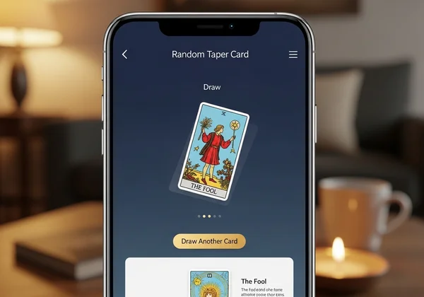 A phone displaying an online random tarot card draw tool.
