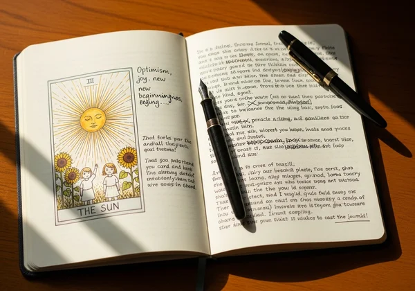 An open journal with tarot card entries and reflections.