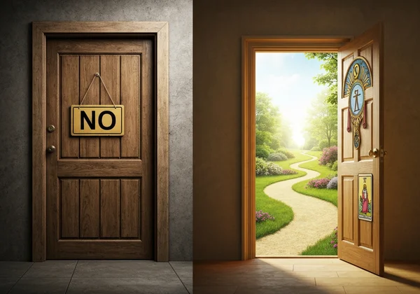 Open door vs. closed door, representing open-ended vs. yes/no