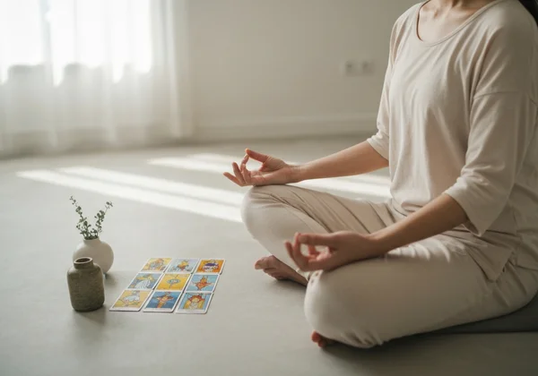 Person meditating with tarot cards for self-growth and reflection