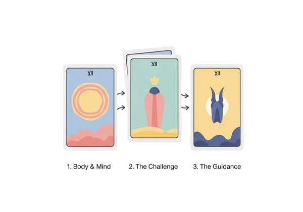 Diagram of a 3-card tarot health spread