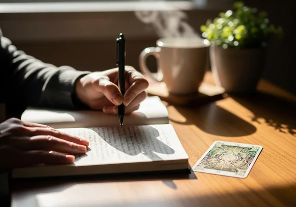 Woman journaling about tarot insights for wellness