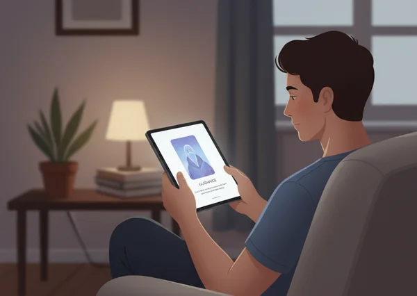 Person privately reflecting on digital tarot reading