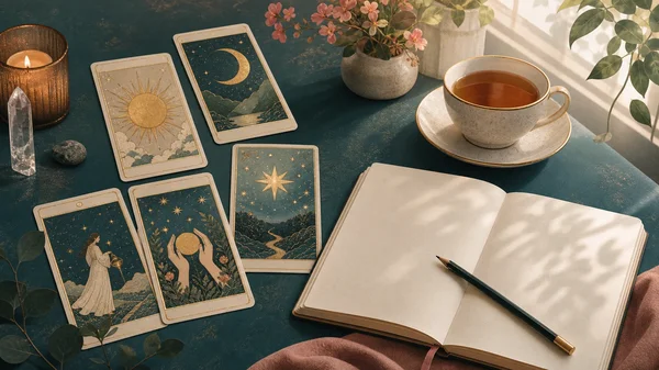 Tarot cards beside a journal